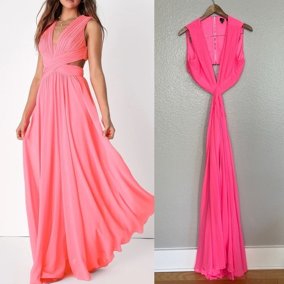 NWOT Vivid Imagination Neon Pink Cutout Maxi Dress - Picture 1 of 6